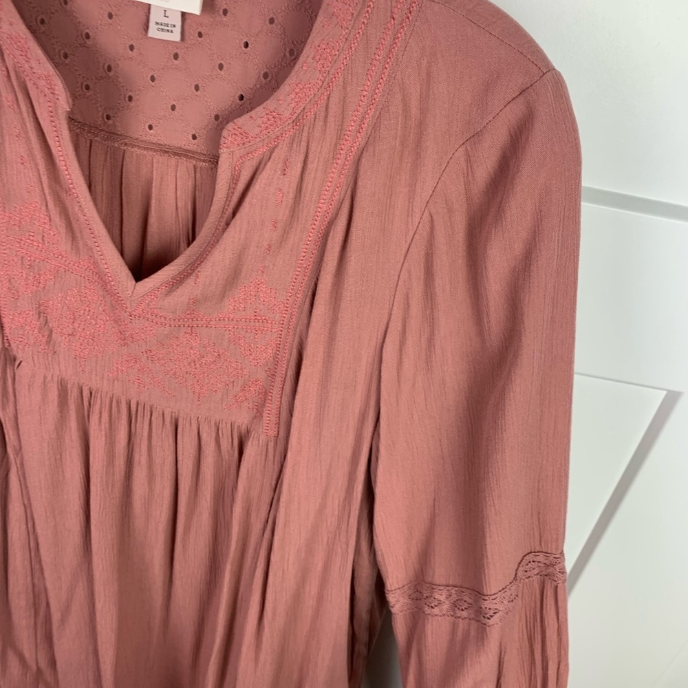 Knox Rose L Boho Blouse Pink Embroidered Johnny Tunic Western Hippie Festival - Picture 4 of 9